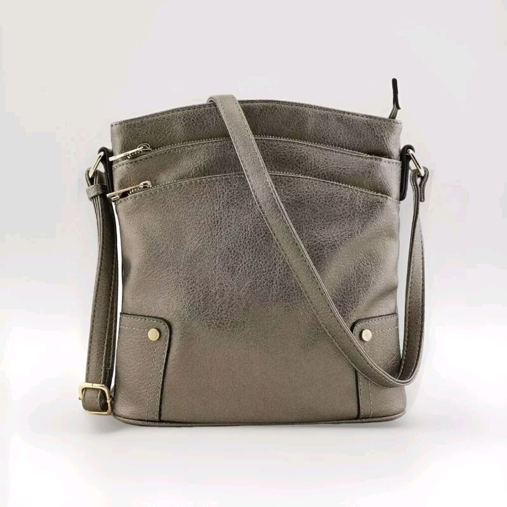ALYSSA Triple Zipper Large Metallic Pewter Crossbody EUC